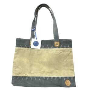 Le Papillon Canvas Leather Tote Bag OS Tan Gray Large Magnetic Closure NWT